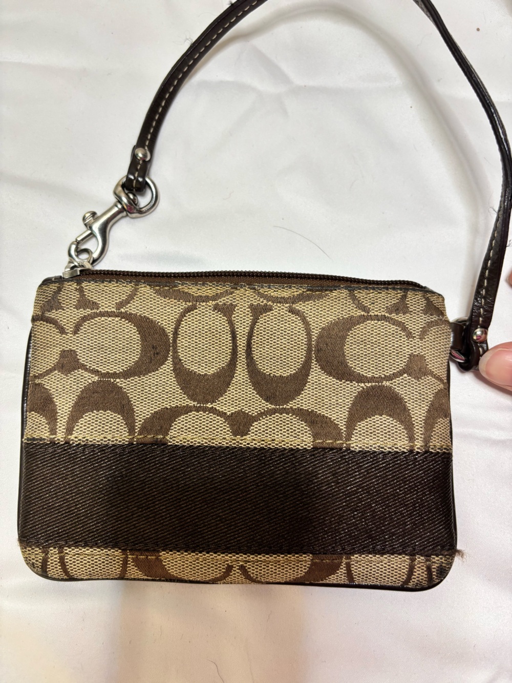 Coach Signature Stripe Small Wristlet in Brown & Tan